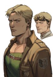 Rule 34 | 1boy, absurdres, bara, blonde hair, brown jacket, chest belt, facial hair, goggles, goggles on head, green shirt, highres, jacket, large pectorals, looking at viewer, male focus, muscular, muscular male, open clothes, open jacket, pectorals, reiner braun, shingeki no kyojin, shirt, short hair, simple background, solo, thisuserisalive, white background, yellow eyes