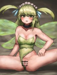 Rule 34 | 1girl, bar censor, bare arms, bare shoulders, black souls, blue ribbon, blush, breasts, bright pupils, censored, cleavage, clothing aside, collar, collarbone, covered navel, fairy, fairy wings, female focus, fingernails, green eyes, green leotard, green pupils, green wings, hair between eyes, hair ribbon, highres, leaf (black souls), leotard, leotard aside, light green hair, long hair, maid headdress, medium breasts, open mouth, pointy ears, pussy, ribbon, ropeperson, solo, spread legs, strapless, strapless leotard, thighs, two side up, wings