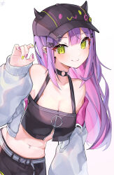 Rule 34 | 1girl, absurdres, bare shoulders, baseball cap, breasts, cleavage, closed mouth, collarbone, colored inner hair, crop top, ear piercing, fake horns, fang, green eyes, hat, highres, hololive, hood, hoodie, horned headwear, horns, leaning to the side, long hair, looking at viewer, medium breasts, midriff, multicolored hair, navel, navel piercing, open clothes, open hoodie, piercing, purple hair, see-through silhouette, simple background, skin fang, smile, solo, tokoyami towa, virtual youtuber, white background, xivi9