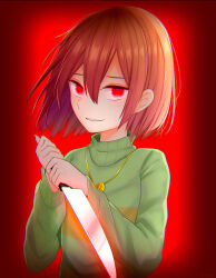 Rule 34 | 1other, androgynous, bob cut, brown hair, chara (undertale), commentary, constricted pupils, evil smile, floating hair, glowing, glowing eyes, glowing weapon, gold necklace, gradient background, green sweater, hair between eyes, heart, heart necklace, highres, holding, holding knife, holding weapon, jewelry, kitchen knife, knife, locket, looking at viewer, loose hair strand, necklace, own hands together, parted lips, pendant, red background, red eyes, reverse grip, short hair, single horizontal stripe, smile, solo, sweater, turtleneck, turtleneck sweater, two-handed, undertale, upper body, w arms, weapon, yandere, yellow sweater, yuupontan.