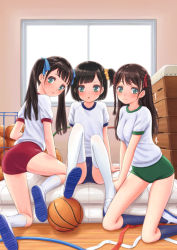 Rule 34 | 3girls, :o, arm support, ass, backlighting, ball, basketball, basketball (object), black hair, blue buruma, blue ribbon, blush, braid, breasts, buruma, commentary request, dktaka, from behind, green buruma, green eyes, gym shirt, gym storeroom, gym uniform, hair ornament, hair ribbon, hair scrunchie, indoors, kneeling, leaning back, leaning forward, leg up, legs, long hair, looking at viewer, looking back, mat, multiple girls, one side up, open mouth, original, partial commentary, red buruma, ribbon, scrunchie, shirt, shoes, short hair, short sleeves, sitting, small breasts, smile, thighhighs, twintails, two side up, uwabaki, vaulting horse, white footwear, white shirt, window, wooden floor, yellow scrunchie