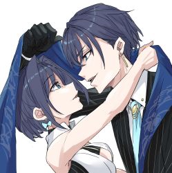 Rule 34 | 1boy, 1girl, aqua necktie, bidortw, blue eyes, blue hair, commentary, earrings, english commentary, formal, genderswap, genderswap (ftm), highres, hololive, hololive english, jewelry, looking at another, necktie, ouro kronii, ouro kronii (1st costume), ouro krono, short hair, speech bubble, suit, virtual youtuber, wing collar