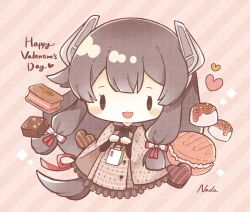 Rule 34 | 1girl, artist name, bag, black hair, blush stickers, candy, chocolate, chocolate heart, diagonal stripes, food, full body, gift bag, green eyes, happy valentine, headgear, heart, highres, holding, holding bag, i-47 (kancolle), kantai collection, long hair, low-tied long hair, macaron, nada namie, official alternate costume, open mouth, sidelocks, signature, smile, solo, striped, striped background, valentine
