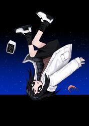 Rule 34 | 1girl, absurdres, alarm clock, black eyes, black hair, black skirt, black socks, bright pupils, clock, down jacket, falling, floating hair, full body, gradient sky, highres, jacket, light blush, looking at viewer, night, night sky, open clothes, open jacket, open mouth, original, shii595, shoes, shrimp, skirt, sky, sleeves past wrists, smile, sneakers, socks, solo, upside-down, white jacket, white pupils