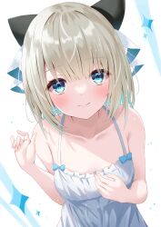 Rule 34 | 1girl, absurdres, black bow, blue bow, blue eyes, blunt bangs, blush, bow, breasts, closed mouth, collarbone, commentary request, dress, hair between eyes, hair bow, halterneck, hand up, hands on own breasts, happy, highres, itoi toi (neo-porte), light brown hair, looking at viewer, medium hair, neo-porte, simple background, sleeveless, sleeveless dress, small breasts, smile, solo, sparkle, sparkling eyes, togemaru34, upper body, upturned eyes, virtual youtuber, white background, white dress