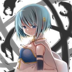 Rule 34 | 1girl, arm at side, backlighting, bare shoulders, blue eyes, blue hair, breasts, cape, cleavage, close-up, detached sleeves, familiar (madoka magica), hair between eyes, hair ornament, hairclip, half-closed eyes, kawanobe, light smile, looking afar, mahou shoujo madoka magica, mahou shoujo madoka magica (anime), medium breasts, miki sayaka, sebastians (madoka magica), shaded face, short hair, simple background, smile, solo, strapless, twitter username, upper body, white background, white cape