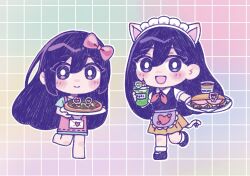 Rule 34 | 2girls, animal ears, apron, aubrey (headspace) (omori), aubrey (omori), barefoot, blue shirt, blush, bright pupils, cat ears, cat tail, chibi, chibi only, closed mouth, collared shirt, fake animal ears, fake tail, food, headdress, highres, holding, holding plate, holding tray, kato (momota rosan), long hair, looking at viewer, mari (headspace) (omori), mari (omori), multiple girls, neckerchief, omori, open mouth, pink apron, pizza, plate, purple eyes, purple hair, purple sweater vest, red neckerchief, sandwich, shirt, short hair, short sleeves, smile, sweater vest, tail, tray, white pupils, white shirt