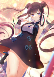 Rule 34 | 1girl, adapted costume, bare shoulders, black dress, blue eyes, blunt bangs, blush, breasts, china dress, chinese clothes, cleavage, detached sleeves, dress, fate/grand order, fate (series), hair ornament, highres, large breasts, long hair, looking at viewer, purple hair, sidelocks, solo, sparkle, thighs, twintails, very long hair, yang guifei (fate), yang guifei (first ascension) (fate), yano mitsuki (nanairo)
