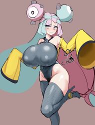 Rule 34 | 1girl, 9is, absurdres, blue hair, blush, boots, breasts, covered erect nipples, covered navel, creatures (company), female focus, game freak, gen 1 pokemon, highres, huge breasts, iono (pokemon), leotard, long hair, magnemite, multicolored hair, nintendo, pink eyes, pink hair, pokemon, pokemon sv, sharp teeth, sleeves past wrists, solo, teeth, thick thighs, thigh boots, thighhighs, thighs, two-tone hair, very long hair