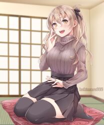 Rule 34 | 1girl, alternate costume, black skirt, black thighhighs, blonde hair, blurry, braid, brown eyes, commentary request, cushion, depth of field, french braid, full body, grey sweater, jewelry, kantai collection, kukimaru, long hair, one side up, pleated skirt, ribbed sweater, ring, skirt, sliding doors, solo, sweater, tatami, thighhighs, turtleneck, twitter username, wavy hair, wedding ring, zabuton, zara (kancolle)