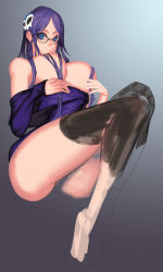 Rule 34 | 1girl, absurdres, alternate breast size, bad id, bad pixiv id, blue background, blue eyes, borrowed character, breasts, gradient background, grey background, hair over breasts, highres, imperialred, large breasts, long hair, original, purple hair, simple background, solo, thighs, unfinished, zone-tan, zone (artist)