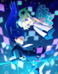 1boy 1girl :o aqua_background aqua_dress black_background black_coat black_gloves blurry burippoi closed_mouth coat dated deformed depth_of_field dress falling feet_out_of_frame floating_hair fur_hat gloves gradient_background hat hologram knees_up long_hair long_sleeves marle_(puyopuyo) midair official_alternate_hair_length official_alternate_hairstyle open_mouth puyopuyo puyopuyo_tetris_2 ringed_eyes signature single_hair_ring sleeveless squares_(puyopuyo) thighhighs very_long_hair white_gloves white_hat white_thighhighs yellow_eyes