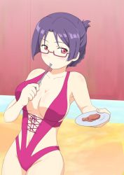 Rule 34 | 10s, 1girl, armpits, bare shoulders, blush, bra, braid, breasts, casual one-piece swimsuit, center opening, cleavage, closed mouth, cross-laced clothes, eating, folded ponytail, food, fork, glasses, gobanme no mayoi neko, groin, hair bun, highleg, highleg swimsuit, highres, holding, holding fork, holding plate, large breasts, legs together, looking at viewer, meat, navel, one-piece swimsuit, plate, purple eyes, purple hair, purple one-piece swimsuit, rectangular eyewear, red eyes, ridget (suisei no gargantia), saucer, semi-rimless eyewear, short hair, sideboob, single hair bun, solo, spoon, standing, suisei no gargantia, swimsuit, under-rim eyewear, underwear, utensil in mouth