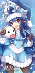 Rule 34 | 1girl, blue hair, blush, braid, character name, dress, horns, league of legends, long hair, looking at viewer, lulu (league of legends), pantyhose, poro, purple eyes, smile, snow, solo, sora (dkssud6580), tongue, tongue out, twin braids, winter clothes, winter wonder lulu, yordle