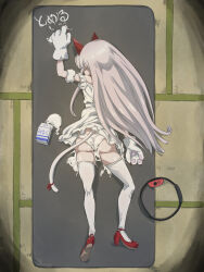 Rule 34 | 1girl, after vaginal, aftersex, animal ears, animal hands, ass, bare shoulders, cat tail, don&#039;t you ever stop (meme), facing away, fake animal ears, female focus, from above, full body, grey hair, grey thighhighs, hair ornament, highres, joy-con, long hair, lying, meme, milk, milk carton, namahoshi-chan, nomanota, on stomach, panties, red footwear, red ribbon, ribbon, sexually suggestive, shinsougumi, shiny skin, shoes, solo, tail, thighhighs, translated, underwear, virtual youtuber, white panties