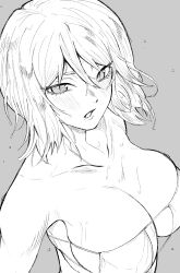 Rule 34 | 1girl, bikini, blush, breasts, cleavage, eyepatch bikini, faust (project moon), greyscale, highres, large breasts, limbus company, looking at viewer, monochrome, nb8c, open mouth, project moon, short hair, simple background, solo, sweat, swimsuit, upper body