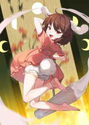 Rule 34 | 1girl, absurdres, animal ears, bad id, bad pixiv id, barefoot, black hair, bloomers, crescent, dress, floating, floppy ears, food, frilled dress, frilled sleeves, frills, full body, full moon, highres, inaba tewi, kine, looking at viewer, mallet, mochi, moon, pink dress, puffy short sleeves, puffy sleeves, rabbit ears, rabbit tail, red eyes, short hair, short sleeves, tail, touhou, underwear, useq1067