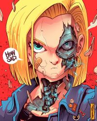 Rule 34 | 1girl, android, android 18, bandaid, bandaid on cheek, bandaid on face, blood, blue eyes, blue jacket, commentary, dragon ball, dragonball z, earrings, electricity, english commentary, english text, freakyfir, frown, highres, jacket, jewelry, kuririn, looking at viewer, mechanical parts, mechanization, nosebleed, portrait, red background, short hair, solo, speech bubble