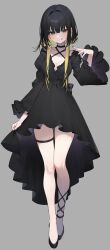 Rule 34 | + +, 1girl, :p, asymmetrical legwear, black dress, black footwear, black hair, black nails, blonde hair, choker, dress, frilled dress, frills, full body, grey background, harenchi, highres, multicolored hair, original, puffy sleeves, shin strap, sidelocks, standing, thigh strap, tongue, tongue out, wide sleeves, yellow eyes