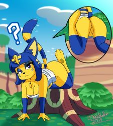 Rule 34 | 1girl, ?, all fours, animal crossing, animal ears, animal hands, ankha (animal crossing), artist name, ass, bare shoulders, barefoot, blue eyes, blue hair, blue sky, blunt bangs, breasts, bush, cat ears, cat tail, cleavage, closed mouth, collarbone, dated, day, female focus, foot up, from behind, furry, furry female, grass, hair ornament, half-closed eyes, highres, ikaribunbun, looking at viewer, matching hair/eyes, medium breasts, multiple views, nintendo, outdoors, pussy, raised eyebrow, short hair, signature, sky, snake hair ornament, tail, tree stump, uncensored
