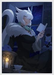 Rule 34 | 1girl, animal ears, book, candle, cat ears, cat tail, character doll, cup, earrings, facial mark, feather earrings, feathers, final fantasy, final fantasy xiv, flower, fur trim, jewelry, looking at viewer, lyra-kotto, nail polish, night, short hair, smile, solo, tail, teacup, whisker markings, white hair, window, y&#039;shtola rhul