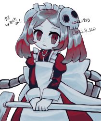 Rule 34 | 011 8 110, 1girl, apron, bloody marie (skullgirls), dress, frilled apron, frills, grey hair, hair ornament, japanese text, juliet sleeves, long sleeves, looking at viewer, maid apron, maid headdress, puffy sleeves, red eyes, skull hair ornament, skullgirls, solo, twintails, upper body, vacuum cleaner