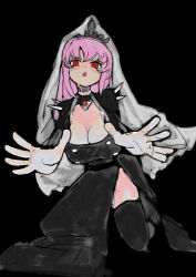 Rule 34 | 1girl, :o, absurdres, black background, black dress, blush, breasts, bridal veil, choker, cleavage, dot nose, dress, female focus, full body, gloves, hato hato hato, highres, hololive, hololive english, kneeling, large breasts, long sleeves, medium hair, mori calliope, outstretched arms, pelvic curtain, pink hair, red eyes, shoulder spikes, simple background, skindentation, solo, spikes, tareme, thighhighs, thighs, tiara, veil, virtual youtuber, white gloves, white veil