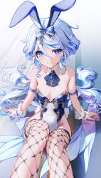 Rule 34 | 1girl, absurdres, ahoge, alternate costume, animal ears, aqua hair, arm strap, arm support, artist name, ascot, bare shoulders, blue ascot, blue bow, blue brooch, blue eyes, blue gemstone, blue hair, blue leotard, blush, bow, breasts, closed mouth, collarbone, colored inner hair, commentary request, covered navel, cowboy shot, detached collar, detached sleeves, drop-shaped pupils, fishnet thighhighs, fishnets, furina (genshin impact), gem, genshin impact, groin, hair between eyes, hair bow, heterochromia, highleg, highleg leotard, highres, kkopoli, knee up, leotard, long hair, looking at viewer, medium breasts, mismatched pupils, multicolored hair, outdoors, playboy bunny, rabbit ears, reclining, road, scrunchie, sidelocks, simple background, sitting, sleeveless, solo, strapless, strapless leotard, street, symbol-shaped pupils, thighhighs, two-tone leotard, wavy hair, white hair, white leotard, wrist scrunchie