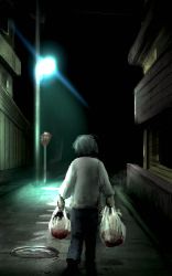 Rule 34 | 1boy, bag, blood, blood trail, blue pants, city, commentary request, from behind, full body, grey hair, highres, holding, holding bag, implied murder, lamppost, male focus, manhole cover, nekonekosan (kemushima3), night, night sky, original, outdoors, pants, road sign, shirt, short hair, sign, sky, solo, stop sign, walking, white shirt