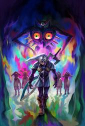 Rule 34 | 5boys, absurdres, alternate form, boots, facial mark, fierce deity, highres, huge weapon, link, majora&#039;s incarnation, majora (entity), mask, monster, multicolored background, multiple boys, nintendo, official art, pointy ears, silver hair, standing, the legend of zelda, the legend of zelda: majora&#039;s mask