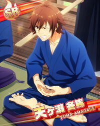 Rule 34 | 1boy, ahoge, amagase touma, barefoot, brown eyes, brown hair, card (medium), character name, clenched teeth, collarbone, feet, fingernails, glint, hair between eyes, idolmaster, idolmaster side-m, indian style, legs folded, long sleeves, male focus, official art, one eye closed, out of frame, pillow, sitting, soles, spread toes, sweatdrop, teeth, third-party source, toes, wide sleeves, wooden floor