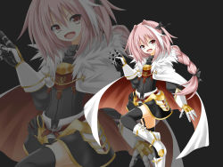 Rule 34 | 1boy, astolfo (fate), bow, braid, brown eyes, cape, fang, fate/apocrypha, fate (series), hair bow, hair intakes, hair ribbon, highres, long hair, male focus, open mouth, pink hair, ribbon, shimamoto (simamoto23), single braid, solo, trap, zoom layer