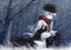 Rule 34 | 10s, 1girl, animal, bare tree, black hat, black pantyhose, black skirt, blue eyes, blue hair, closed mouth, commentary request, dog, enpera, flat cap, flat chest, from side, hair between eyes, hammer and sickle, hat, hibiki (kancolle), jacket, kantai collection, long hair, long sleeves, looking away, miniskirt, mittens, mizunashi hayate, motion blur, on one knee, outdoors, pantyhose, pleated skirt, red scarf, scarf, silver hair, skirt, snow, snowing, star (symbol), tree, verniy (kancolle), white jacket, wind, winter