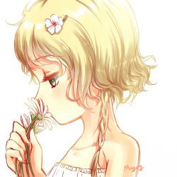 Rule 34 | 1girl, bare shoulders, blonde hair, blush, braid, collarbone, copyright request, flower, from side, green eyes, hair flower, hair ornament, hairclip, hand up, holding, holding flower, looking away, looking down, maya g, profile, signature, simple background, single braid, smelling flower, solo, upper body, white background, white flower