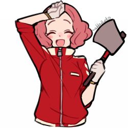 Rule 34 | 1girl, :d, ^ ^, artist name, axe, blush, brown hair, closed eyes, commentary, do m kaeru, closed eyes, gloves, jacket, okumura haru, open mouth, persona, persona 5, pocket, sleeves rolled up, smile, solo, track jacket, upper body, wiping forehead, zipper