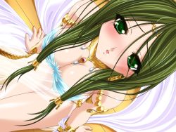 Rule 34 | 1girl, bare shoulders, blush, breasts, cleavage, eyes visible through hair, game cg, green eyes, green hair, ijitte princess, jewelry, lu (ijitte princess), matching hair/eyes, motto ijitte princess, sakashita fubuki, saliva, see-through sarong, solo, wings