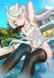 Rule 34 | 1girl, absurdres, ahoge, arm behind head, arm up, armpits, artist name, black thighhighs, blurry, blush, breasts, depth of field, dutch angle, grey eyes, grey hair, gundam, gundam suisei no majo, haapi jang p, highleg, highleg swimsuit, highres, long hair, looking at viewer, low ponytail, miorine rembran, pool ladder, poolside, pout, small breasts, solo, swimsuit, thighhighs