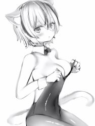 Rule 34 | 1girl, adjusting clothes, adjusting leotard, animal ears, bad id, bad pixiv id, bare shoulders, bow, bowtie, breasts, cat ears, cleavage, covered navel, detached collar, from side, greyscale, highres, kittysuit, large breasts, leotard, looking at viewer, looking to the side, monochrome, multicolored hair, nanashi (nlo), nontraditional playboy bunny, pantyhose, short hair, simple background, sitting, solo, streaked hair, tail, tsumugine rei, undersized breast cup, undersized clothes, virtual youtuber, white background, wing collar, wrist cuffs, zero project