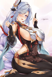 Rule 34 | 1girl, black bodysuit, blue eyes, blush, bodysuit, breasts, commentary, covered navel, dated, eyes visible through hair, genshin impact, grey hair, hair ornament, hands up, highres, hip vent, kneeling, large breasts, long hair, looking at viewer, parted lips, shenhe (genshin impact), sideboob, signature, solo, toyoman, very long hair
