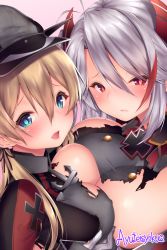 Rule 34 | 2girls, anchor, antenna hair, aqua eyes, ayuteisyoku, azur lane, black ribbon, blonde hair, blush, breast press, breasts, buttons, cross, gloves, hair between eyes, hair ornament, hat, historical name connection, iron cross, kantai collection, large breasts, long hair, long sleeves, looking at viewer, low twintails, military, military hat, military uniform, mole, mole on breast, multicolored hair, multiple girls, name connection, peaked cap, prinz eugen (azur lane), prinz eugen (kancolle), ribbon, sideboob, silver hair, simple background, streaked hair, swept bangs, symmetrical docking, torn clothes, twintails, two side up, uniform, white gloves