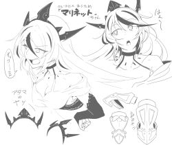 Rule 34 | 10s, 1girl, :o, abyssal ship, bare shoulders, breasts, character sheet, choker, cleavage, commentary request, crown, detail, dress, elbow gloves, gloves, greyscale, hand on own hip, horns, kantai collection, long hair, looking away, medium breasts, monochrome, multicolored hair, original, streaked hair, torichamaru, translation request