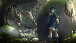 Rule 34 | 1girl, animal, arm at side, backpack, bag, bat (animal), blue eyes, blue footwear, blue hair, blue shirt, blue shorts, boots, commentary request, crack, creature, crossover, dragon, dripping, egg, forest, from behind, hat, hatching, highres, kaatoso, kawashiro nitori, long sleeves, looking away, monster hunter (series), nature, outdoors, rathian, shirt, shorts, sleeves rolled up, touhou, tree, two side up, walking