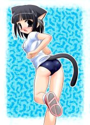Rule 34 | 1girl, animal ears, ass, black eyes, black hair, blush, buruma, cat ears, cat tail, from behind, gym uniform, looking at viewer, looking back, open mouth, original, sata (sat), solo, tail, thighs