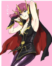 Rule 34 | 1girl, :p, armpits, arms up, artist request, blue eyes, breasts, cape, cleavage, covered erect nipples, fingerless gloves, gloves, gundam, gundam zz, haman karn, large breasts, pink hair, purple eyes, red hair, short hair, solo, tongue, tongue out, translated, uniform