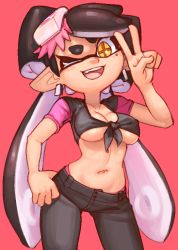 Rule 34 | + +, 1girl, alternate costume, black hair, black shirt, blush, breasts, callie (splatoon), cleavage, collarbone, contrapposto, covered erect nipples, cowboy shot, crop top, domino mask, earrings, fang, female focus, hand on own hip, hand up, happy, inkling, jaggy lines, jewelry, light blush, long hair, looking at viewer, mask, medium breasts, mole, mole under eye, navel, nintendo, object on head, one eye closed, open mouth, panties, panty peek, pink panties, pink sleeves, pointy ears, raglan sleeves, red background, shirt, short sleeves, simple background, smile, solo, splatoon (series), standing, stomach, teeth, tentacle hair, tentacles, tied shirt, twintails, underboob, underwear, v, wamudraws, wink, yellow eyes