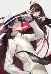 Rule 34 | 1boy, 1girl, ahoge, black eyes, black hair, black scarf, brown hair, closed mouth, commentary request, double w, fate/grand order, fate (series), from side, gloves, grey background, hand on headwear, hat, highres, jacket, lack, long hair, looking at viewer, looking to the side, oryou (fate), parted lips, ponytail, red eyes, sakamoto ryouma (fate), scarf, simple background, smile, very long hair, w, white gloves, white hat, white jacket