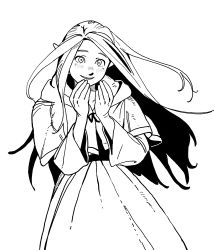 Rule 34 | 1girl, blush, capelet, dress, dungeon meshi, elf, greyscale, hands up, highres, hood, hood down, hooded capelet, kimsun 28, long hair, long sleeves, looking afar, marcille donato, monochrome, parted lips, pointy ears, simple background, smile, solo, very long hair