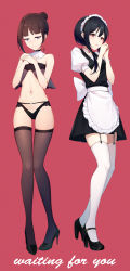 Rule 34 | 1girl, 2girls, absurdres, apron, ar (3779609928), back bow, bare arms, bare shoulders, black eyes, black footwear, black hair, black panties, black thighhighs, blue eyes, bow, brown hair, closed mouth, cross, cross earrings, detached collar, earrings, english text, frilled apron, frills, full body, garter straps, gluteal fold, hair bun, hands on own chest, high heels, highres, jewelry, looking at viewer, looking away, looking down, maid, maid headdress, multiple girls, navel, original, own hands together, panties, puffy short sleeves, puffy sleeves, red background, red eyes, short hair, short hair with long locks, short sleeves, sidelocks, single hair bun, standing, stomach, thighhighs, underwear, underwear only, waist apron, white apron, white bow, white thighhighs, zettai ryouiki