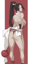 Rule 34 | 1girl, ass, back, backboob, ball, breasts, brown eyes, brown hair, folded fan, closed mouth, fatal fury, folding fan, from behind, hand fan, high ponytail, huge ass, large breasts, legs, long hair, looking back, ninja, ponytail, prototype2, red background, revealing clothes, shiranui mai, sideboob, solo, the king of fighters, thighs, wide hips