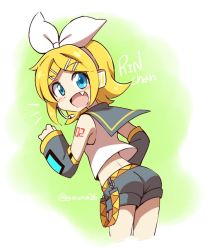 Rule 34 | 1girl, artist name, ass, blonde hair, blue eyes, blush, bow, character name, detached sleeves, eromame, fang, from behind, hair ornament, hairclip, headphones, headset, kagamine rin, looking at viewer, looking back, open mouth, short shorts, shorts, solo, twitter username, vocaloid